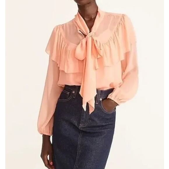 J. Crew 100% Silk Tie-Neck Chiffon Top Ruffle Semi-Sheer Long Sleeve Blouse - Picture 2 of 16